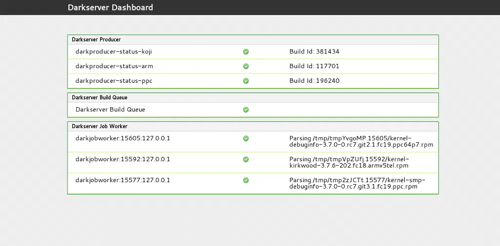 Darkserver web dashboard showing the status of the producers, build queue and job workers